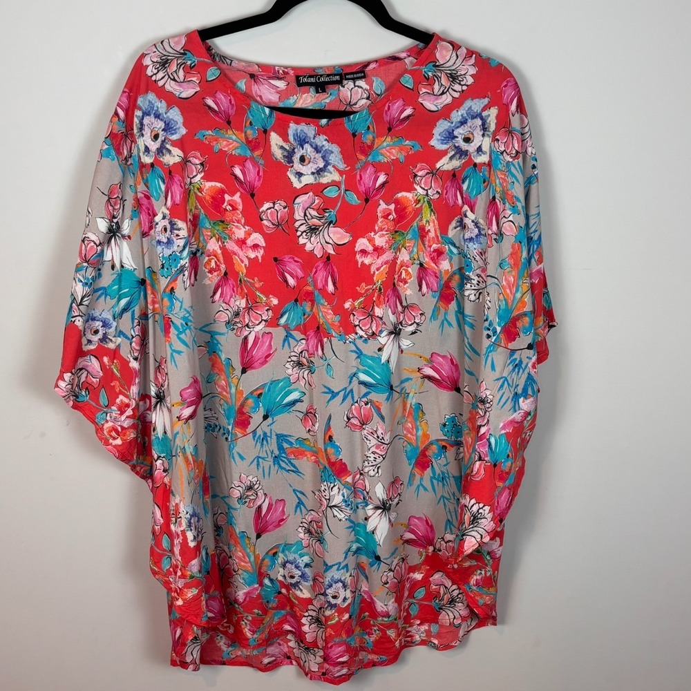 Tolani Womens Red Floral Dolman Sleeve Tunic Boho Blouse sz Large resortwear